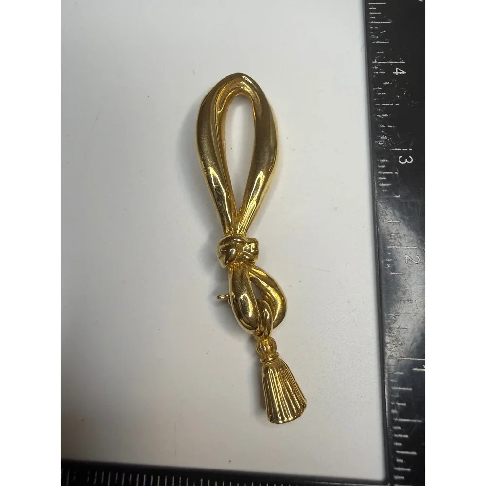 Vintage Gold Tone Knot Tassel Brooch Statement Pin Long Dangle Drop